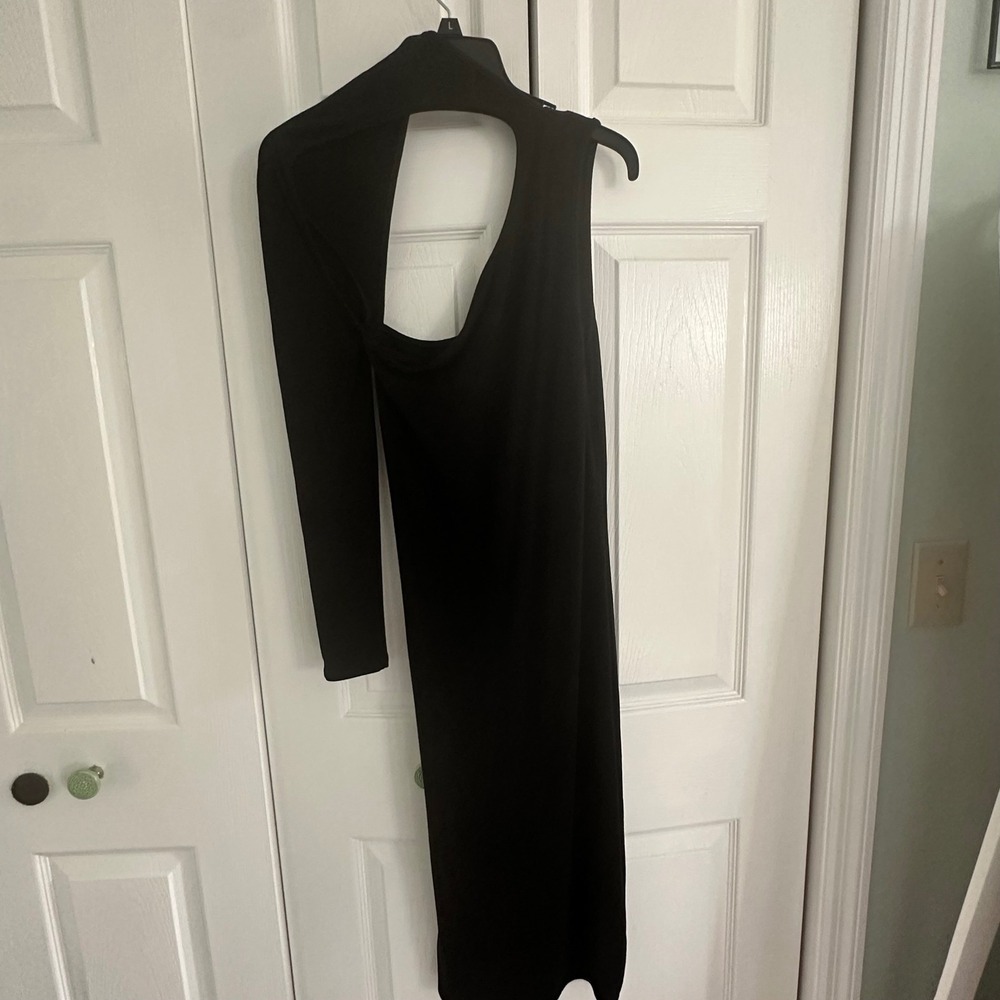 Black‎ One Shoulder Cutout Midi Dress Womens Size Large Asymmetrical Long Sleeve